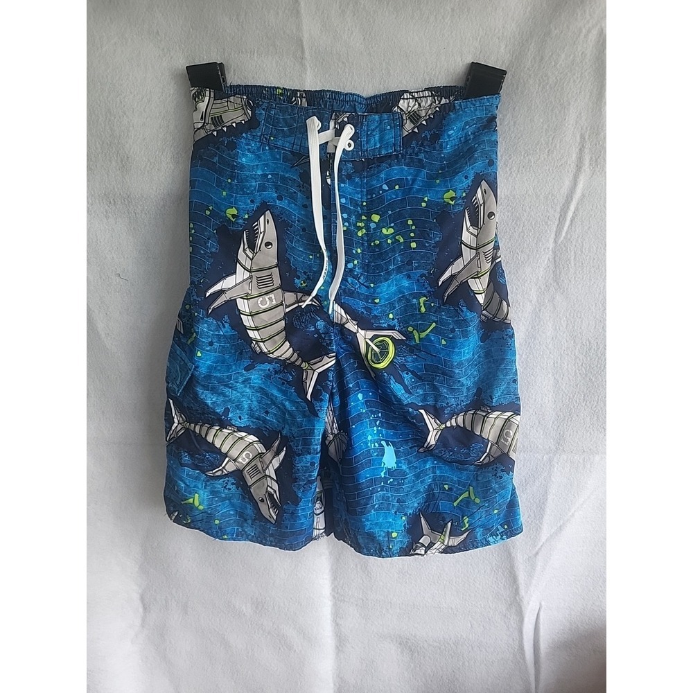 Boys Joe Boxer Swim‎ Trunks Large 14 16 Sharks Blue Cargo Pocket Faux Drawstring